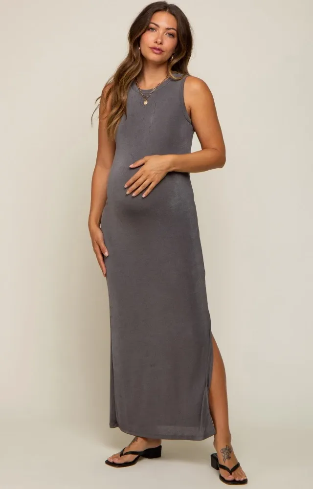 Charcoal Side Slit Maternity Midi Dress