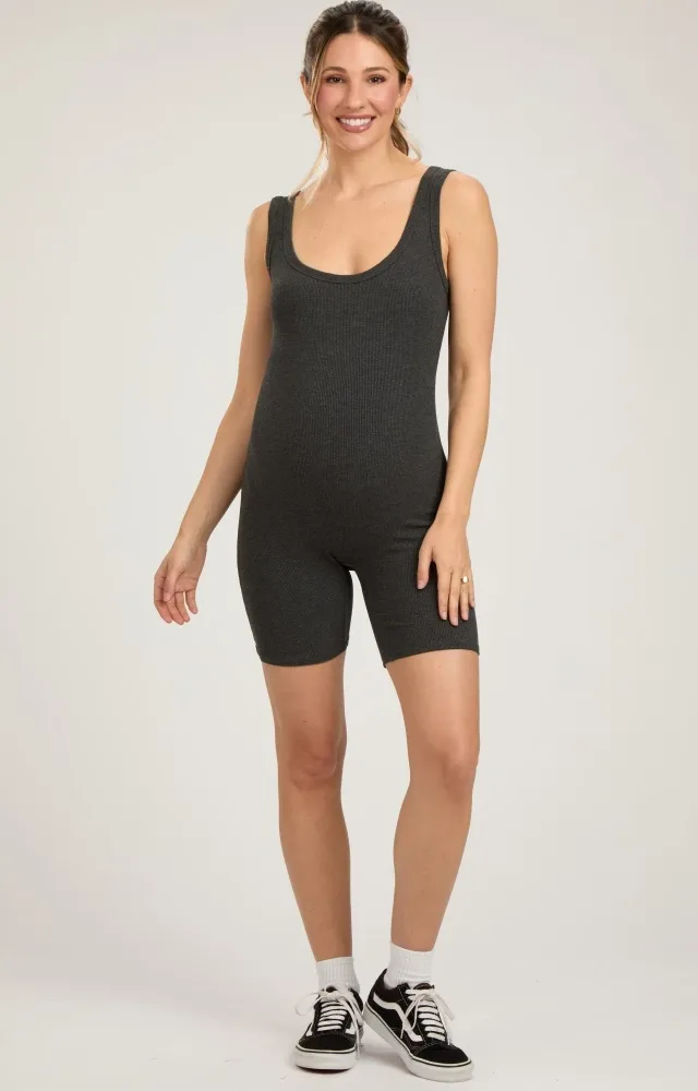 Charcoal Sleeveless Ribbed Biker Short Maternity Romper