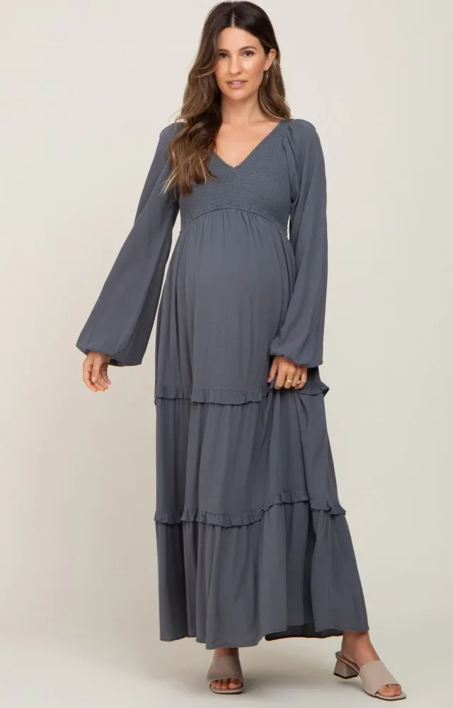 Charcoal Smocked Tiered Maternity Midi Dress