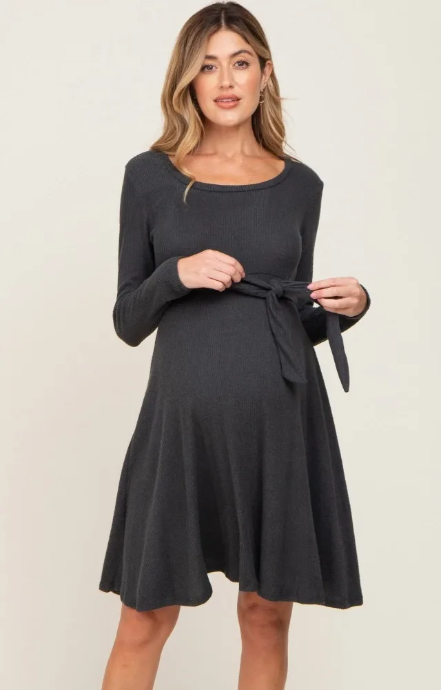 Charcoal Soft Rib Knit Sash Tie Maternity Dress