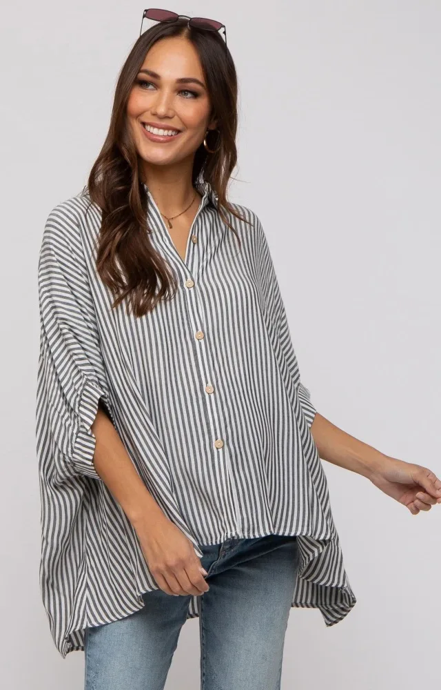 Charcoal Striped Button Up Dolman Maternity Top