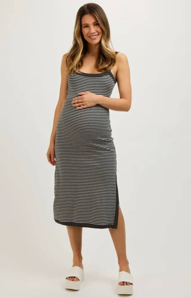 Charcoal Striped Sleeveless Fitted Side Slit Maternity Dress