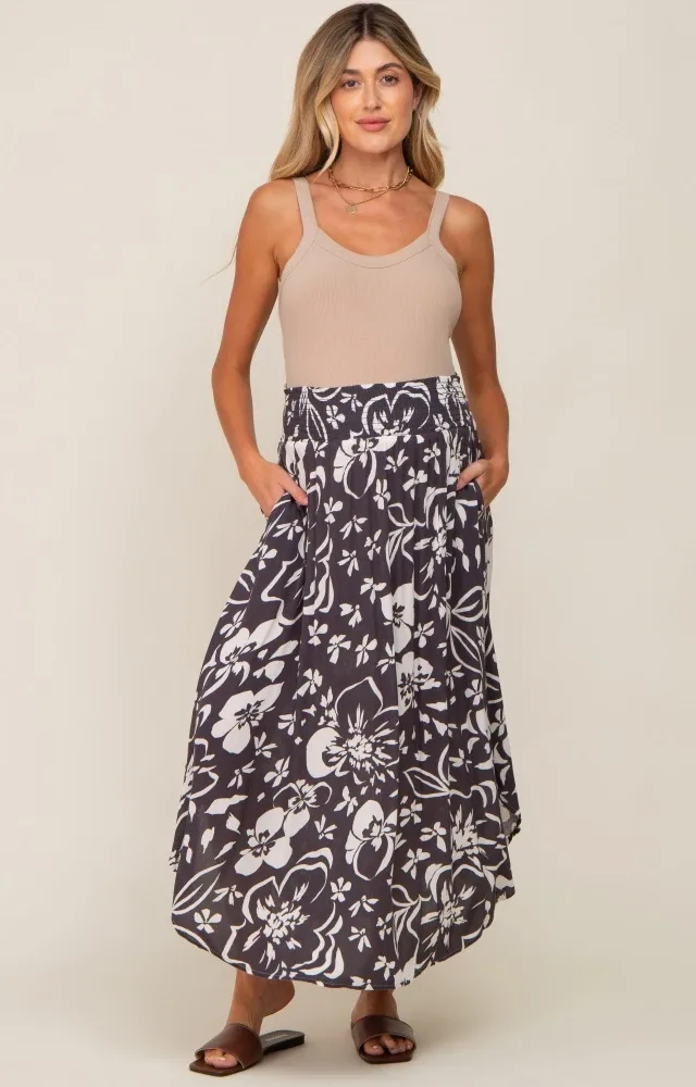 Charcoal Tropical Floral Smocked Waist Round Hem Maternity Midi Skirt