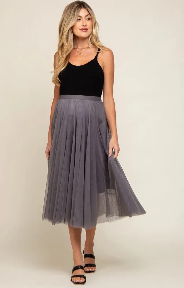 Charcoal Tulle Maternity Midi Skirt