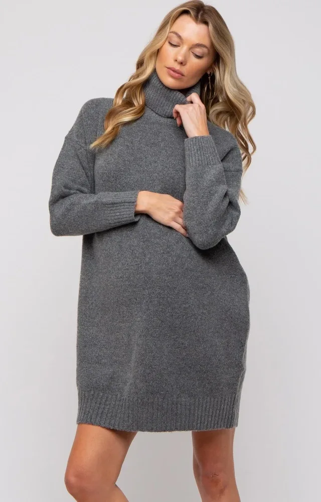 Charcoal Turtleneck Maternity Sweater Mini Dress