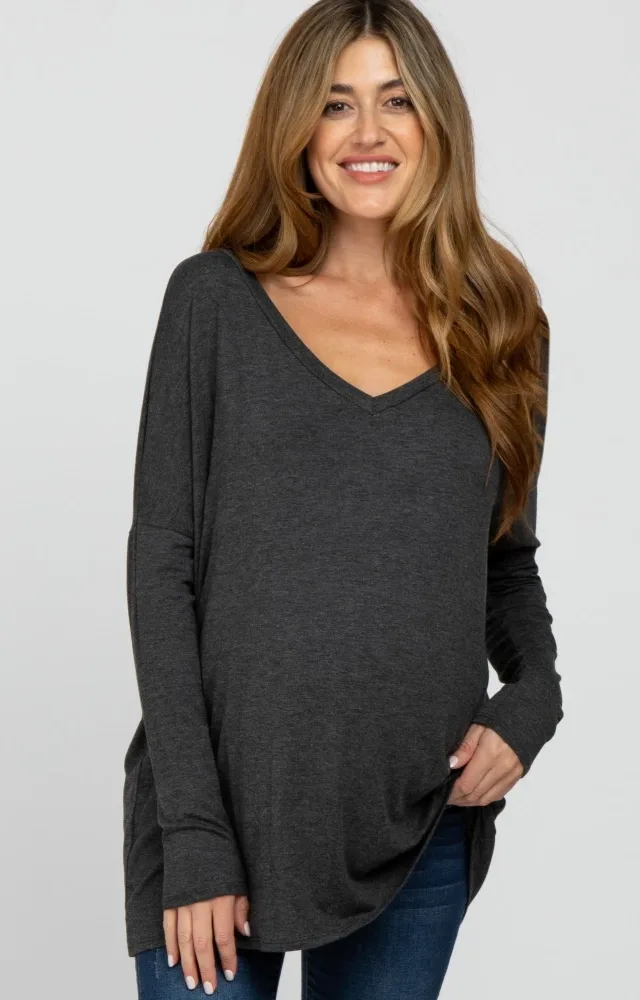 Charcoal V-Neck Maternity Top