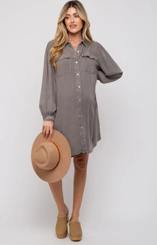 Charcoal Vintage Wash Maternity Shirt Dress