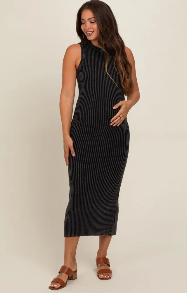 Charcoal Vintage Wash Ribbed Cutout Maternity Dress