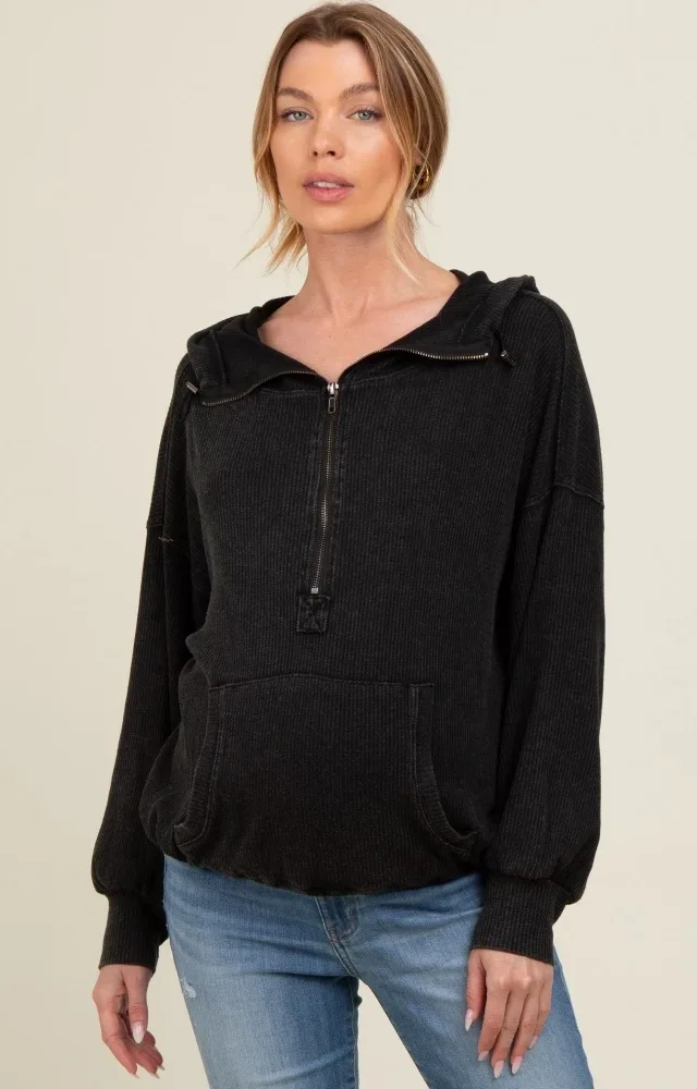 Charcoal Waffle Knit Half Zip Relaxed Fit Maternity Hoodie