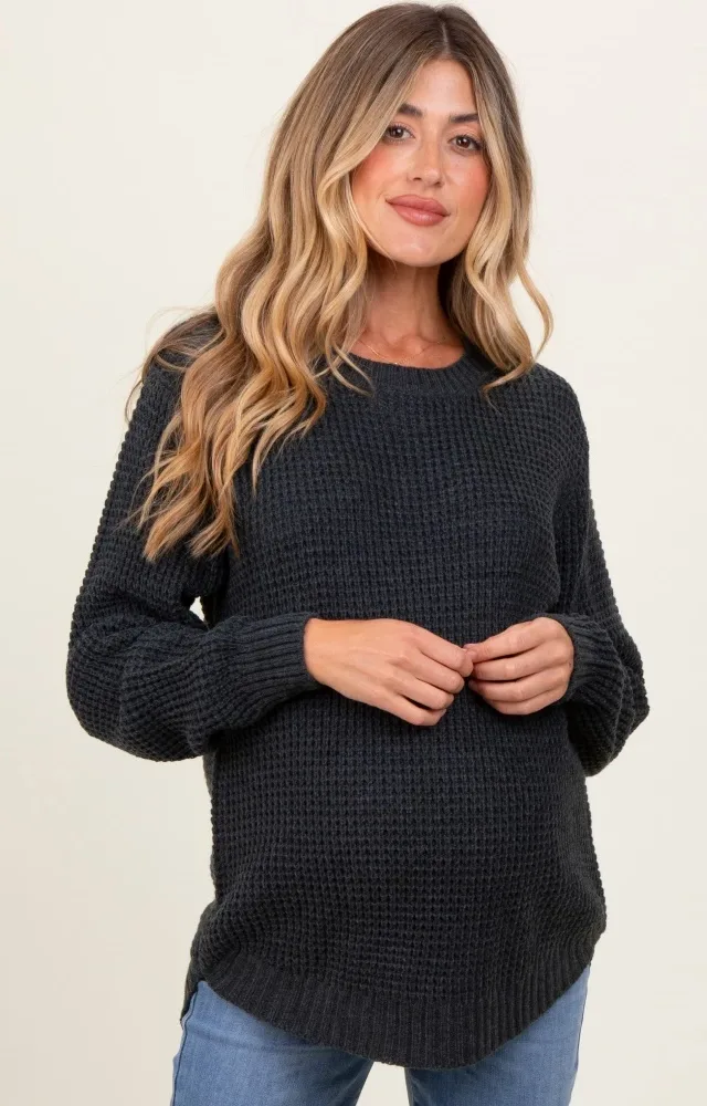 Charcoal Waffle Knit Rounded Hem Maternity Sweater