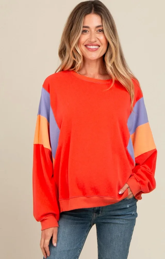 Coral Colorblock Dolman Sleeve Maternity Sweatshirt