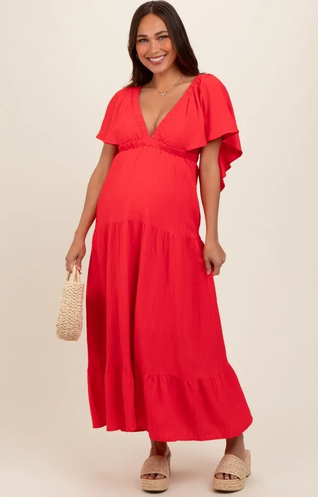 Coral Deep V-Neck Flutter Sleeve Tiered Maternity Midi Dress