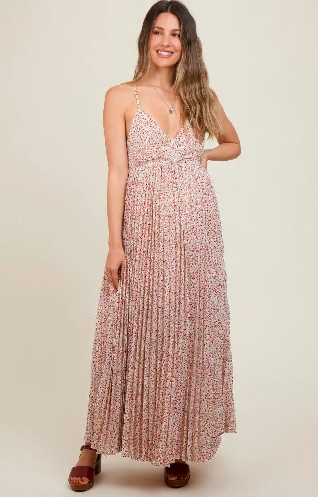 Coral Floral Pleated Cutout Back Maternity Maxi Dress