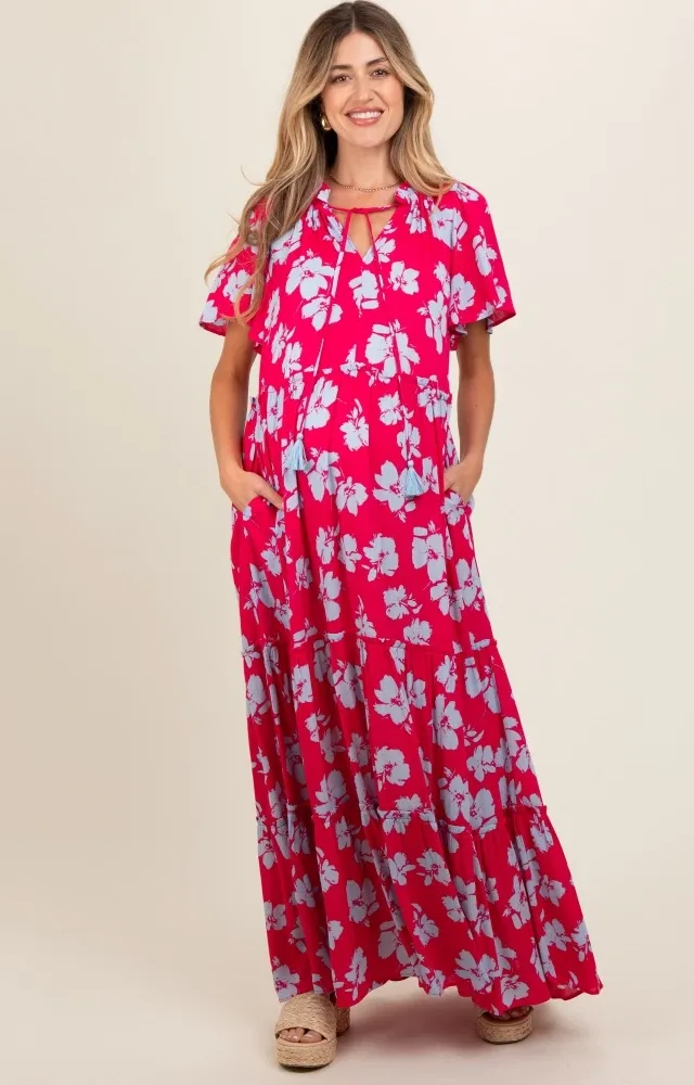 Coral Floral Ruffle Neck Tiered Maternity Maxi Dress