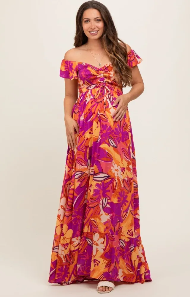 Coral Floral Smocked Off Shoulder Maternity Dress