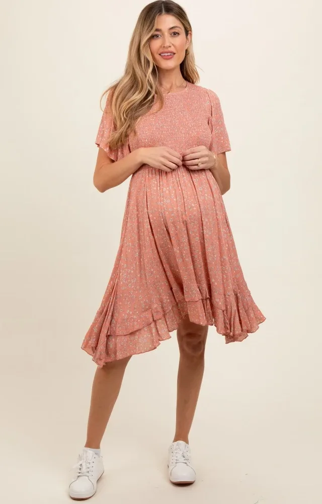 Coral Floral Smocked Ruffle Maternity Dress