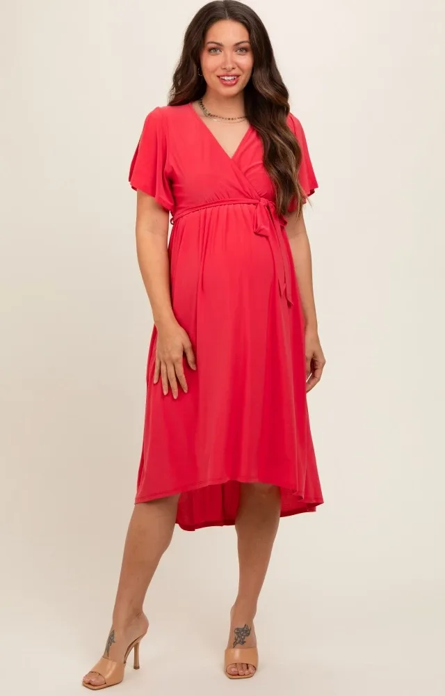 Coral Flutter Sleeve Waist Tie Maternity Nursing Dress