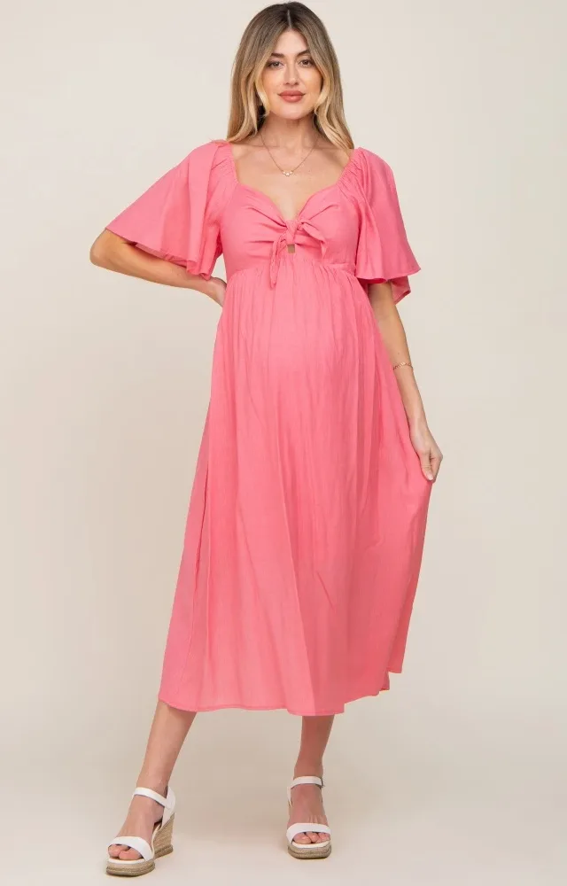 Coral Front Tie Ruffle Sleeve Maternity Midi Dress