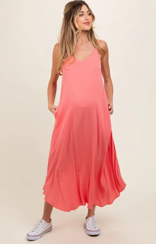 Coral Lightweight Sleeveless V-Neck Maternity Maxi Dress