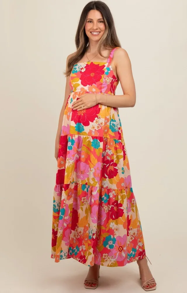 Coral Multi-Color Floral Tiered Cutout Back Maternity Dress