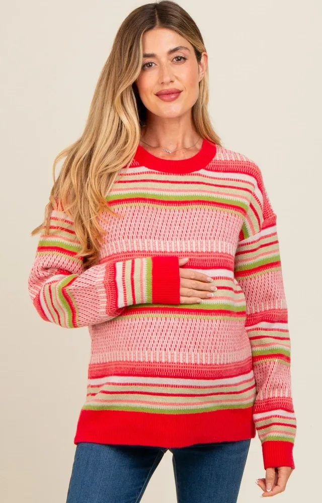 Coral Multi Stripe Crew Neck Maternity Sweater