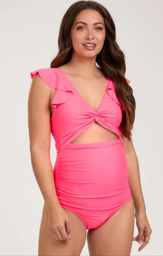 Coral Pink Cutout Flutter One Piece Maternity Swimsuit