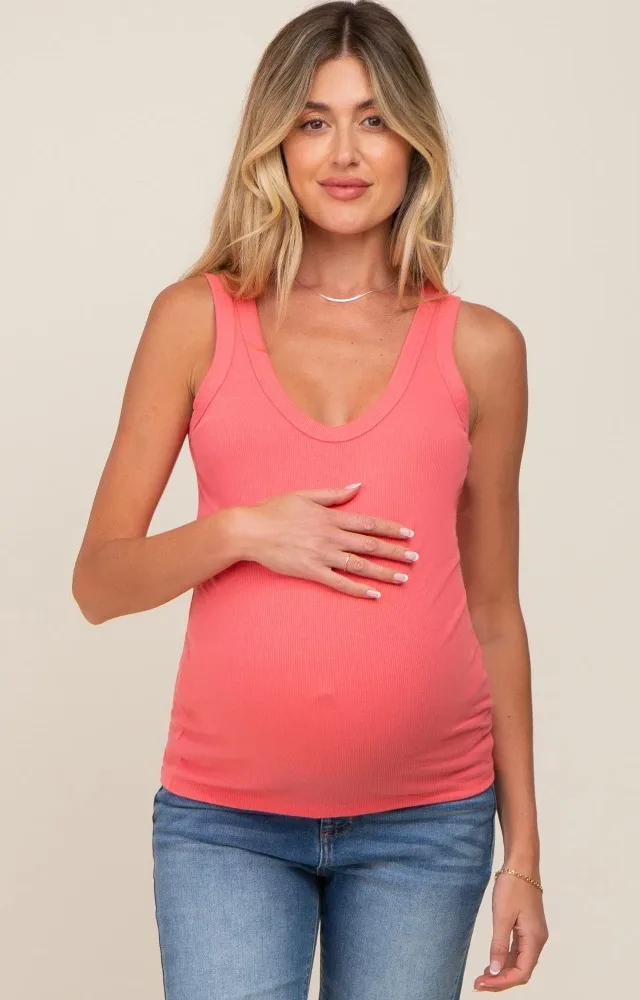 Coral Pink Ribbed Basic Maternity Tank