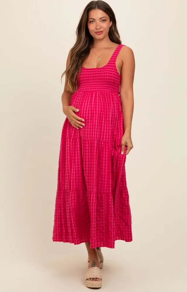 Coral Plaid Tiered Maternity Maxi Dress