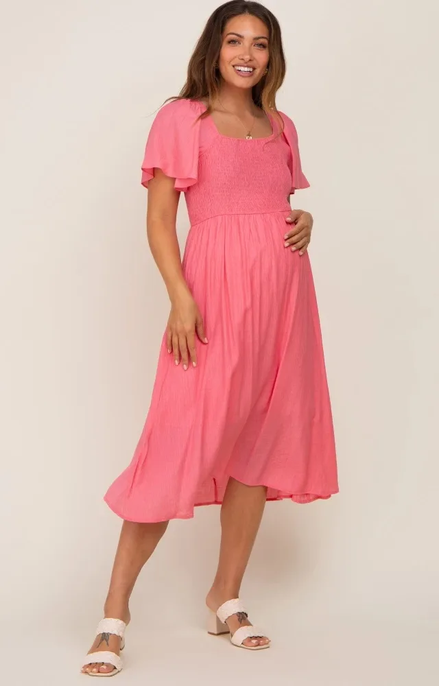 Coral Smocked Square Neck Flutter Short Sleeve Maternity Midi Dress