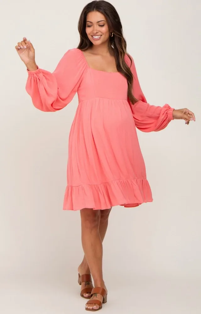 Coral Square Neck Puff Long Sleeve Maternity Dress