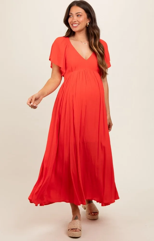 Coral V-Neck Flutter Short Sleeve Maternity Midi Dress