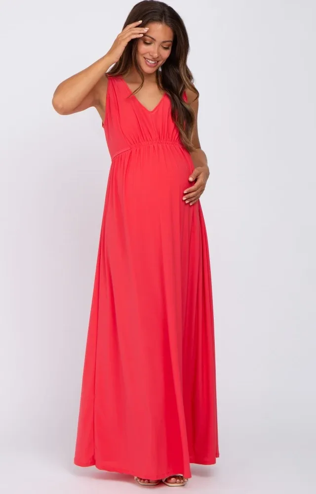 Coral V-Neck Sleeveless Maternity Maxi Dress