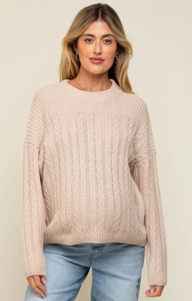 Cream Beige Cable Knit Maternity Sweater