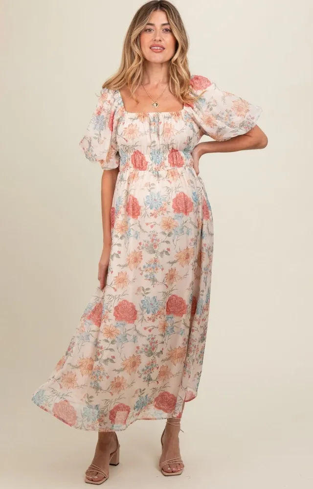 Cream Blue Floral Chiffon Puff Sleeve Maternity Midi Dress