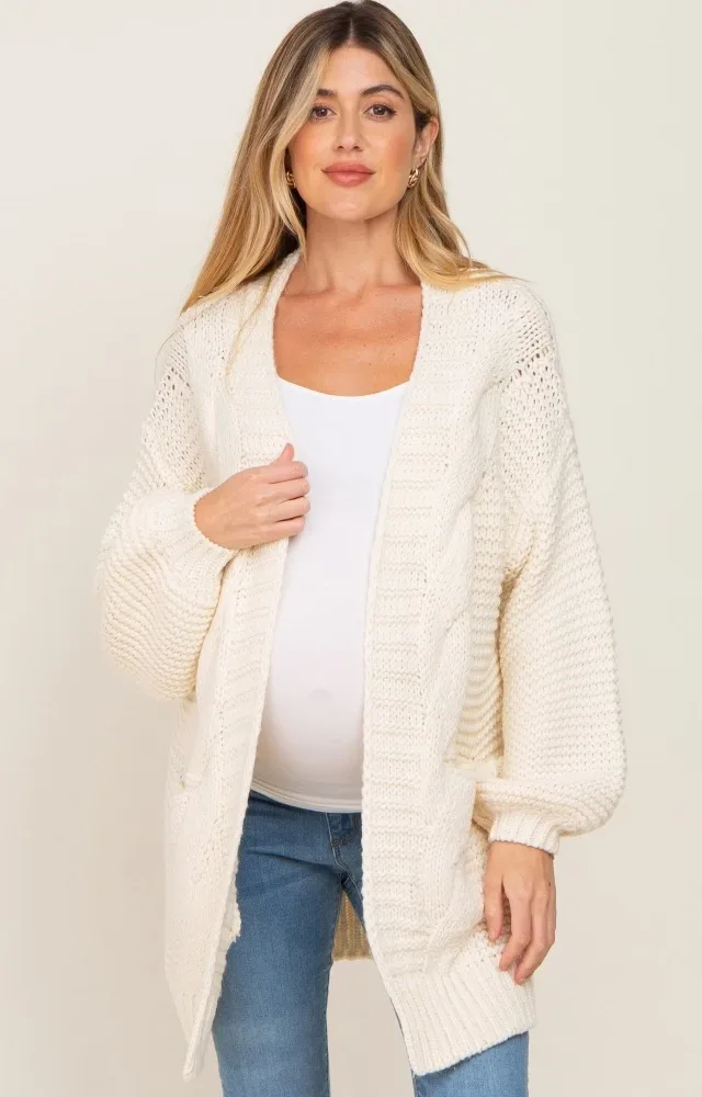 Cream Cable Knit Front Pocket Maternity Cardigan