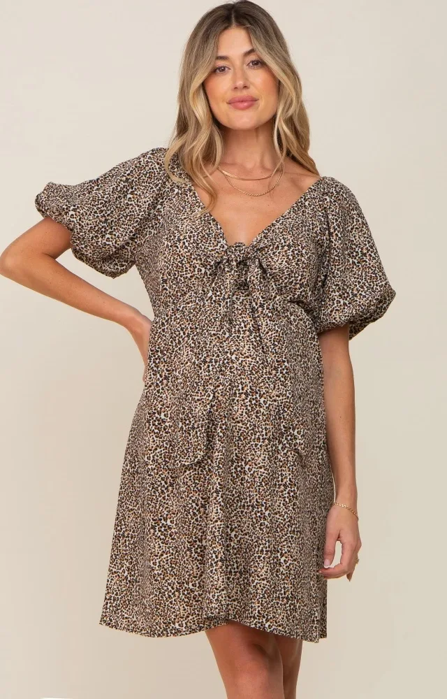 Cream Cheetah Print Puff Sleeve Maternity Dress