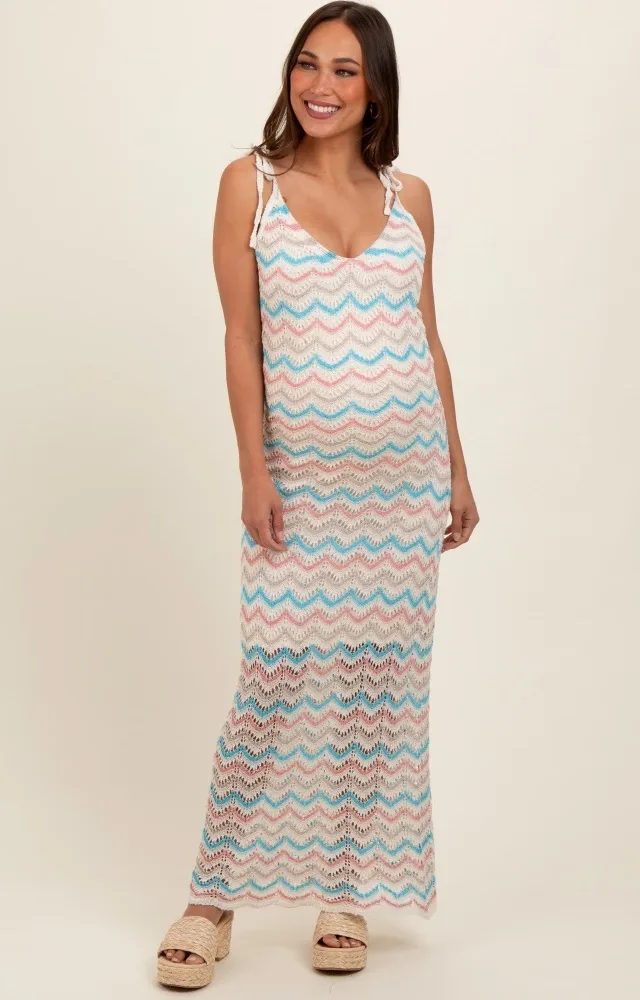 Cream Chevron Crochet Shoulder Tie Maternity Midi Dress