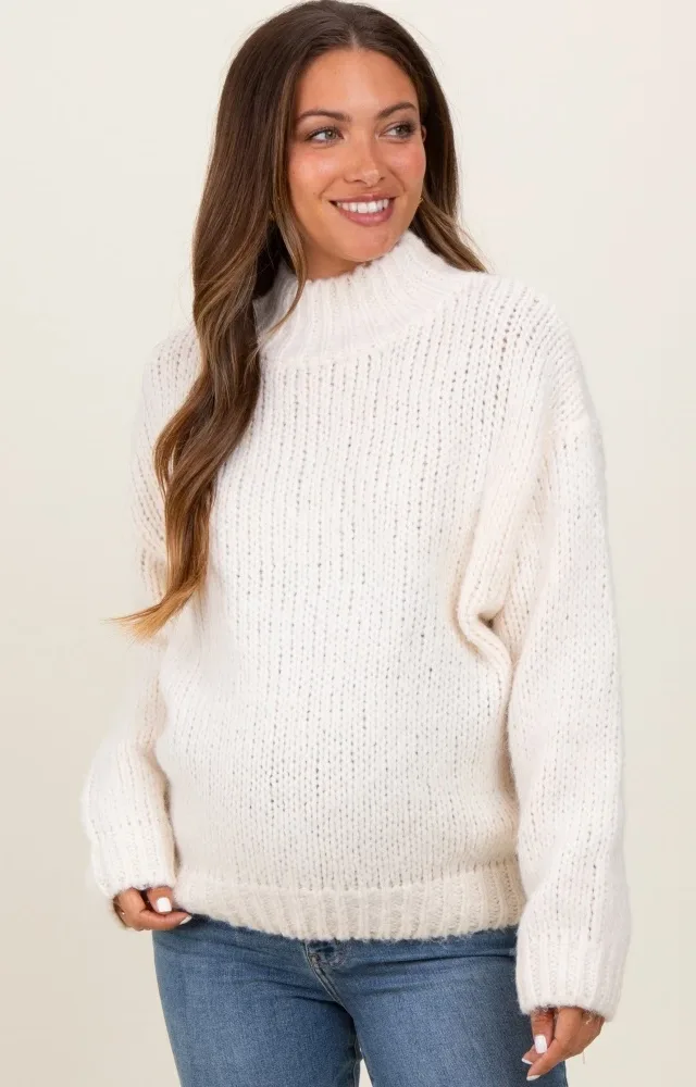 Cream Chunky Knit Mock Neck Maternity Sweater