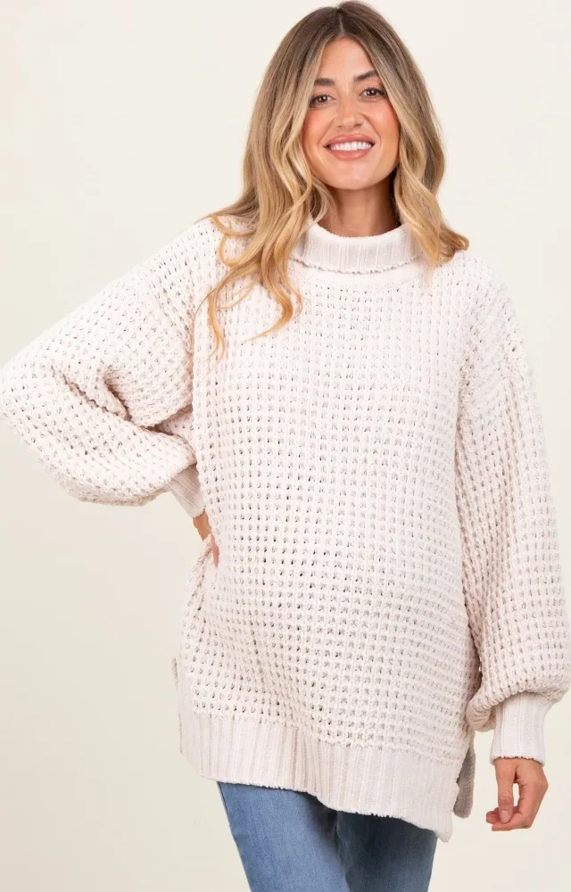 Cream Chunky Waffle Knit Maternity Turtleneck Sweater