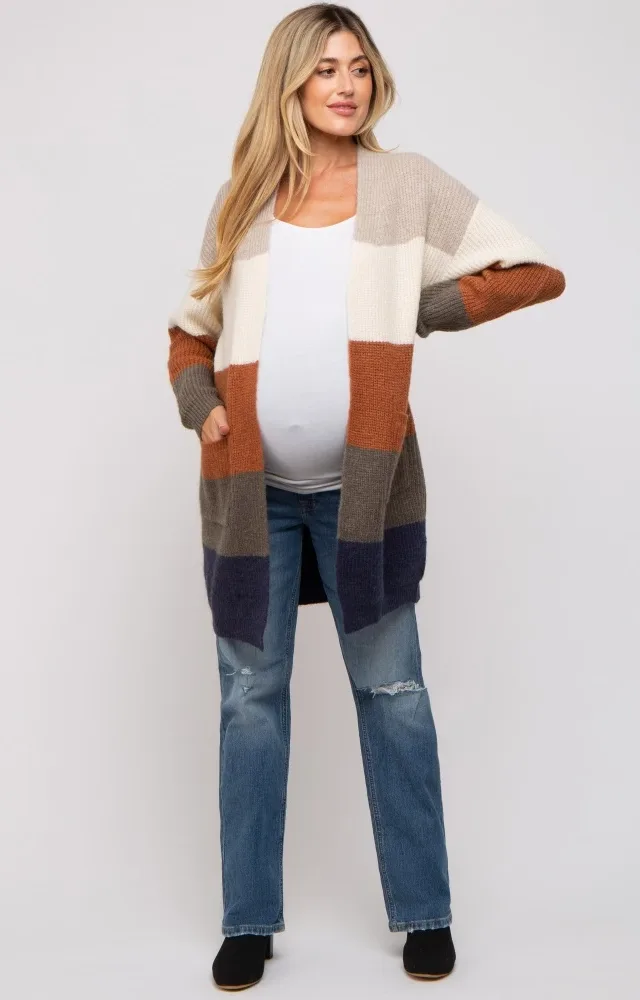 Cream Color Block Soft Knit Maternity Cardigan