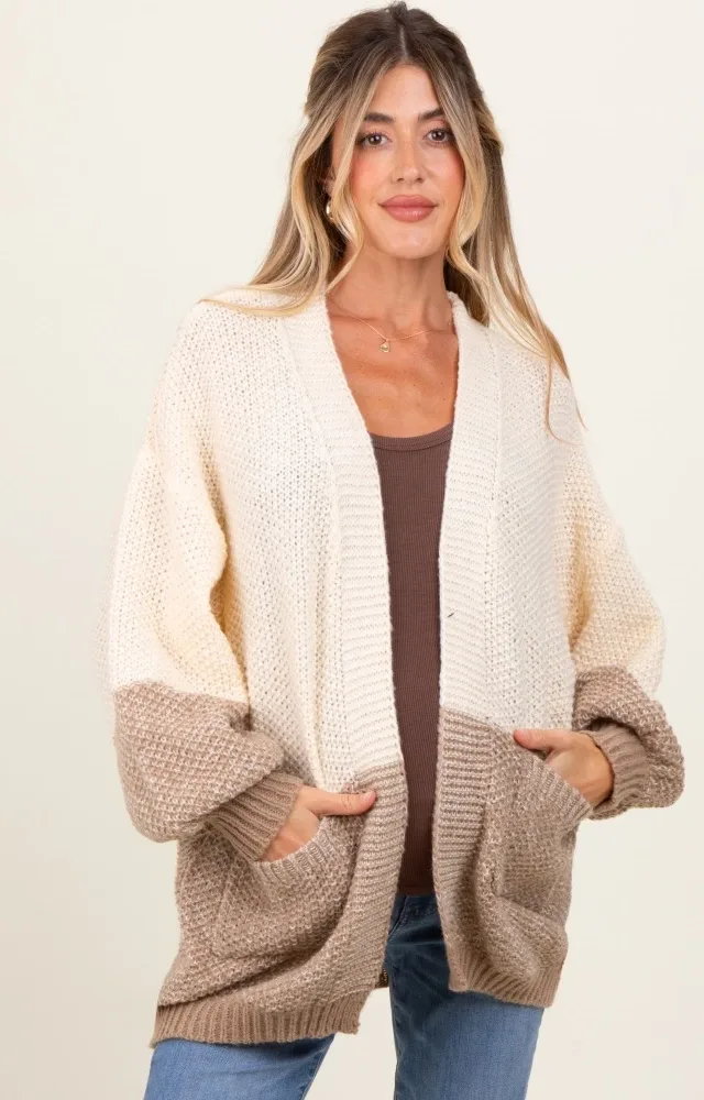 Cream Colorblock Bubble Sleeve Knit Maternity Cardigan