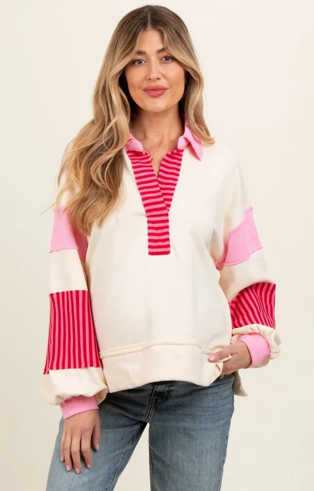 Cream Colorblock Striped Maternity Long Sleeve Top