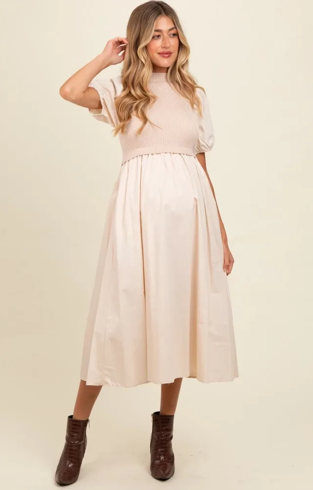 Cream Contrast Knit Bodice Maternity Midi Dress