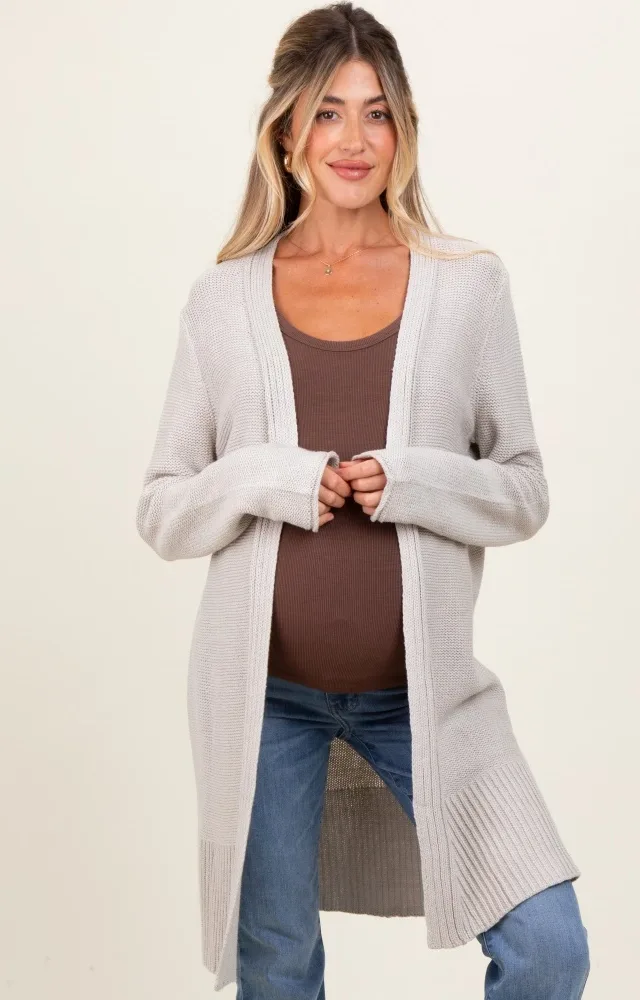 Cream Contrast Rib Long Maternity Open Cardigan