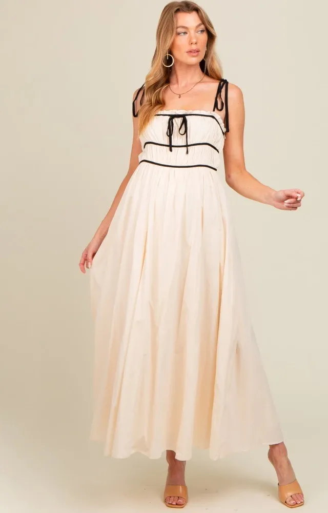 Cream Contrast Ribbon Trim Maternity Maxi Dress