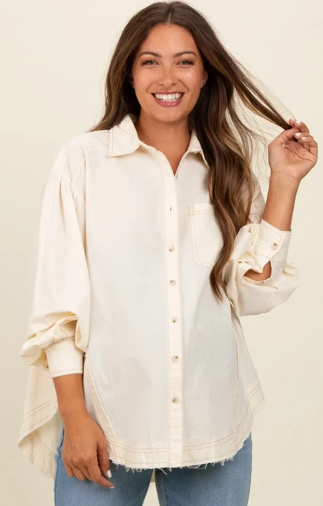 Cream Contrast Stitch Button Up Collared Long Sleeve Maternity Top