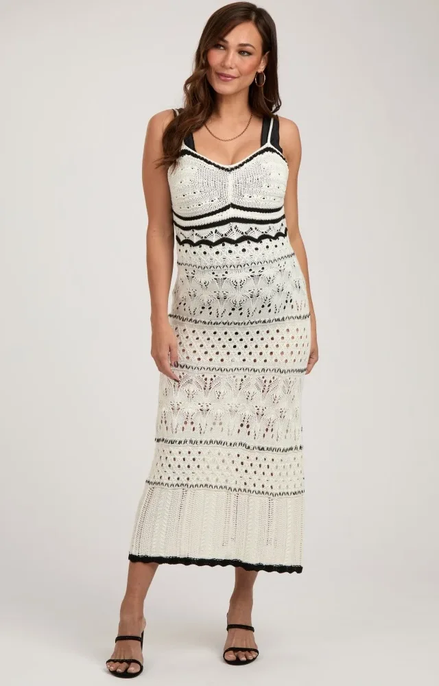 Cream Contrast Trim Crochet Maternity Maxi Swim Cover Up