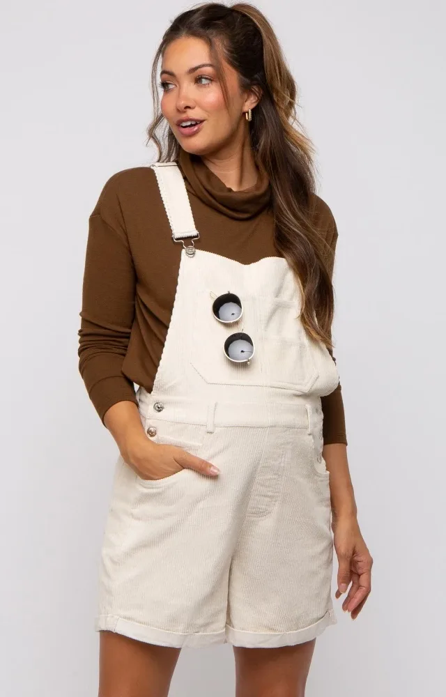 Cream Corduroy Maternity Short Overalls