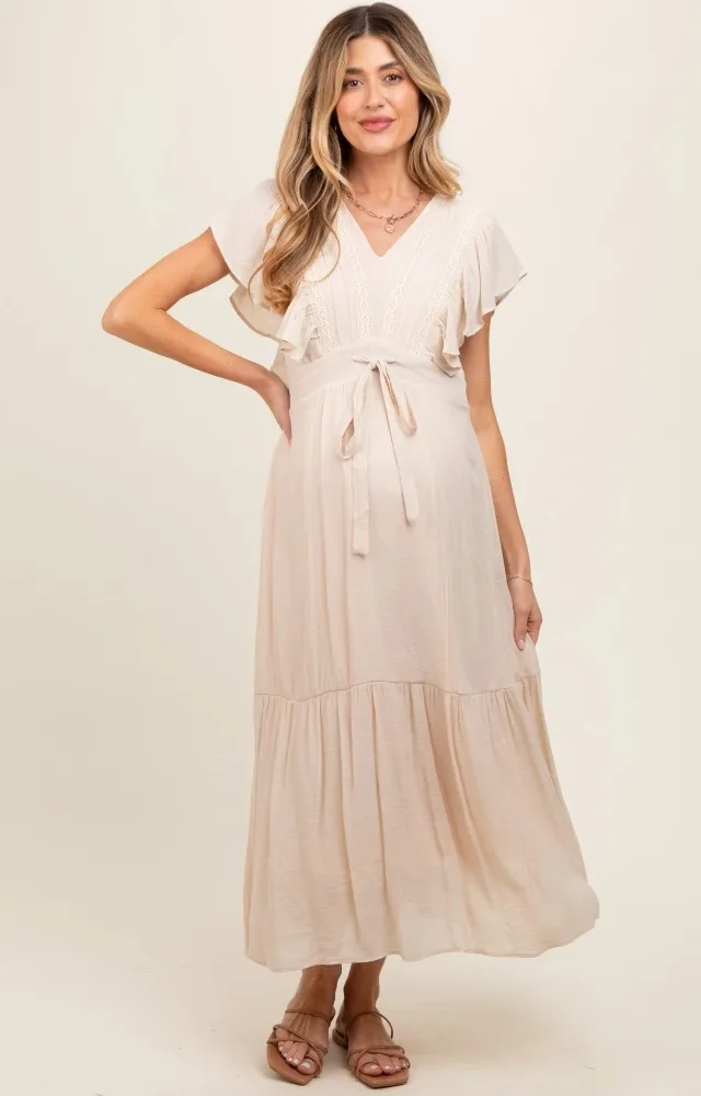 Cream Cuffed Sleeve Front Tie Maternity Maxi Dress