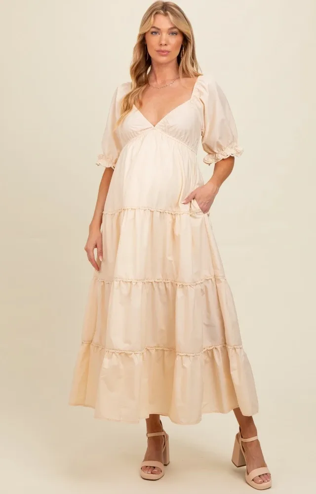 Cream Deep V-Neck Tiered Maternity Maxi Dress